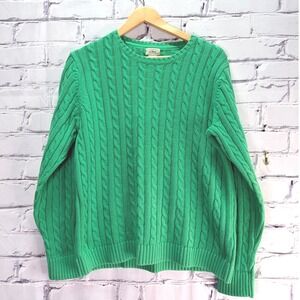 LL Bean Cable Knit Sweater Womens Large Green Classic Preppy Crew Neck Pullover